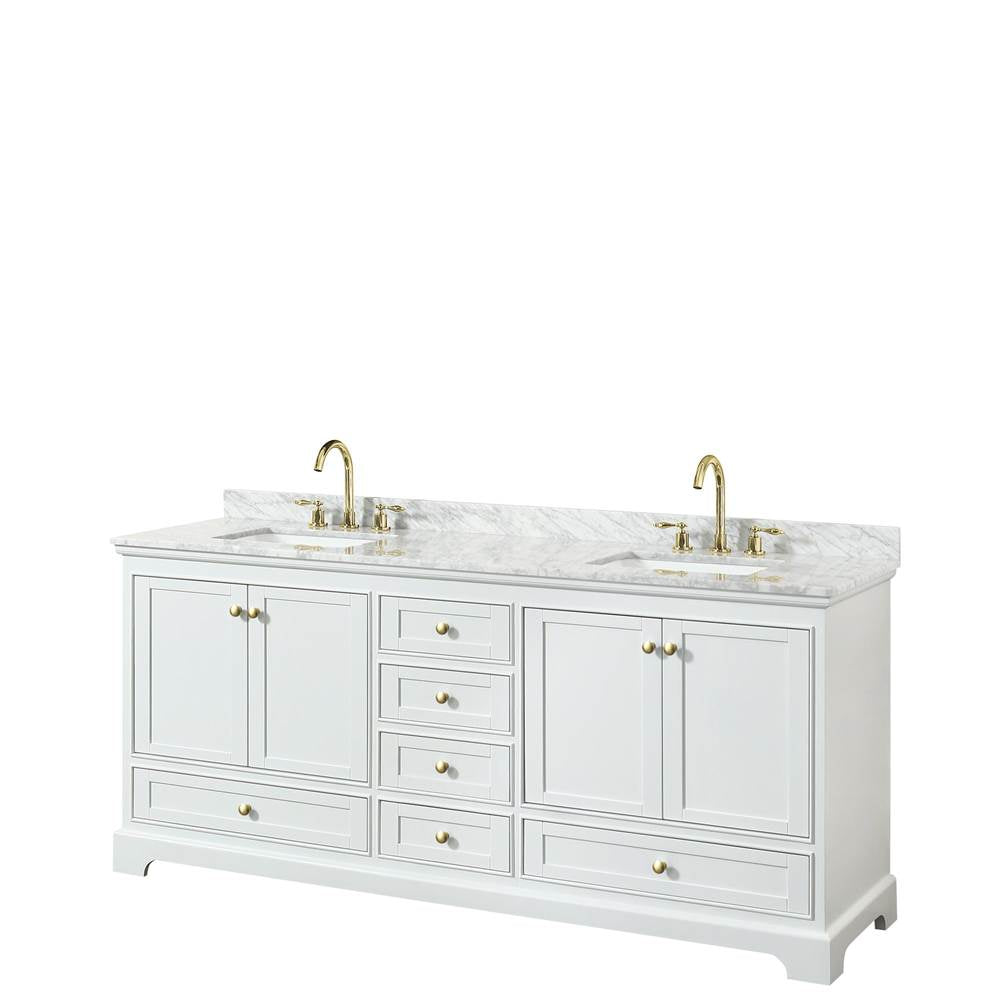 Wyndham Collection - Deborah 80 Inch Double Bathroom Vanity in White, White Carrara Marble Countertop, Undermount Square Sinks, Brushed Gold Trim, No Mirrors