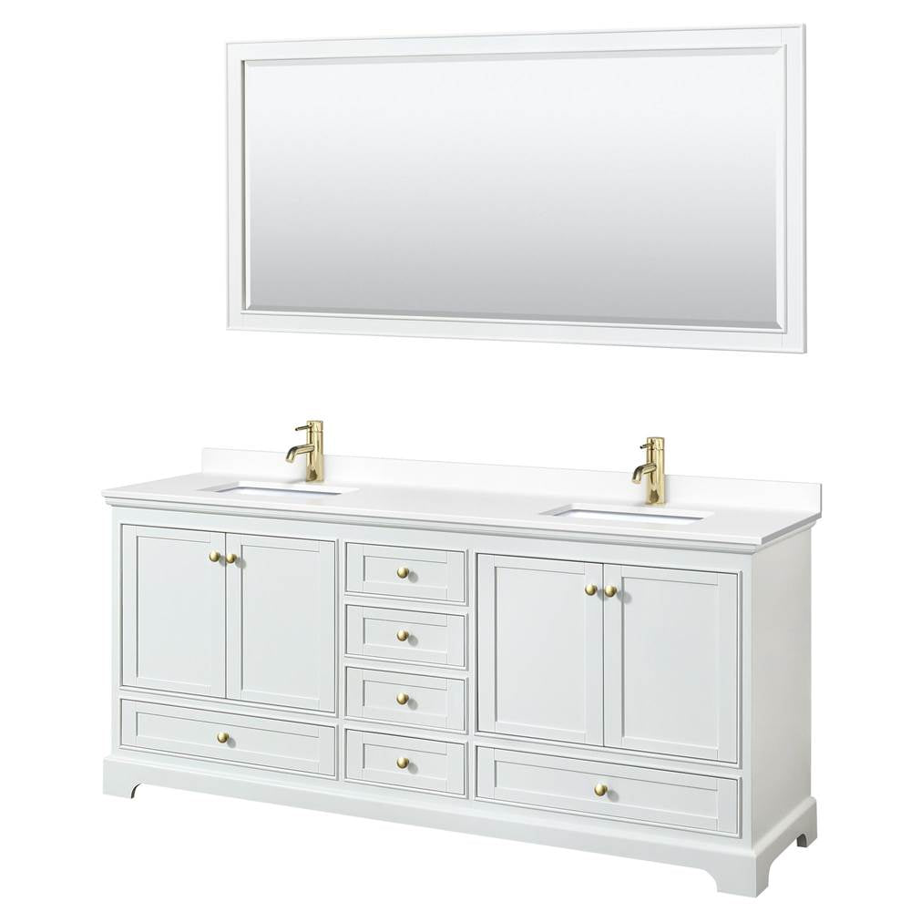 Wyndham Collection - Deborah 80 Inch Double Bathroom Vanity in White, White Cultured Marble Countertop, Undermount Square Sinks, Brushed Gold Trim, 70 Inch Mirror