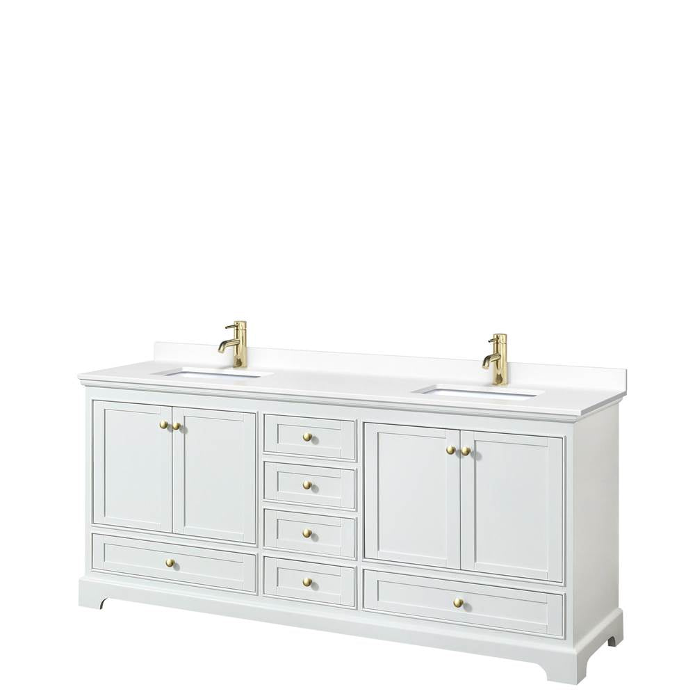 Wyndham Collection - Deborah 80 Inch Double Bathroom Vanity in White, White Cultured Marble Countertop, Undermount Square Sinks, Brushed Gold Trim, No Mirrors