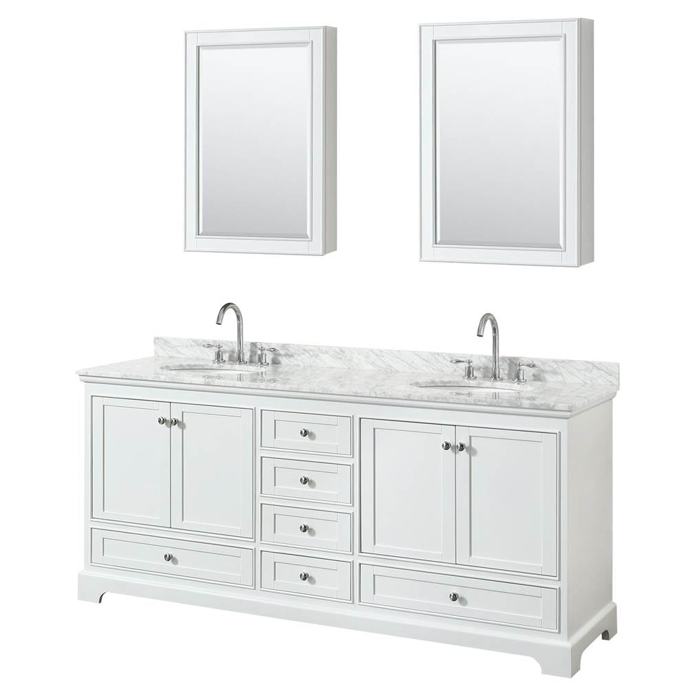 Wyndham Collection - Deborah 80 Inch Double Bathroom Vanity in White, White Carrara Marble Countertop, Undermount Oval Sinks, and Medicine Cabinets - White