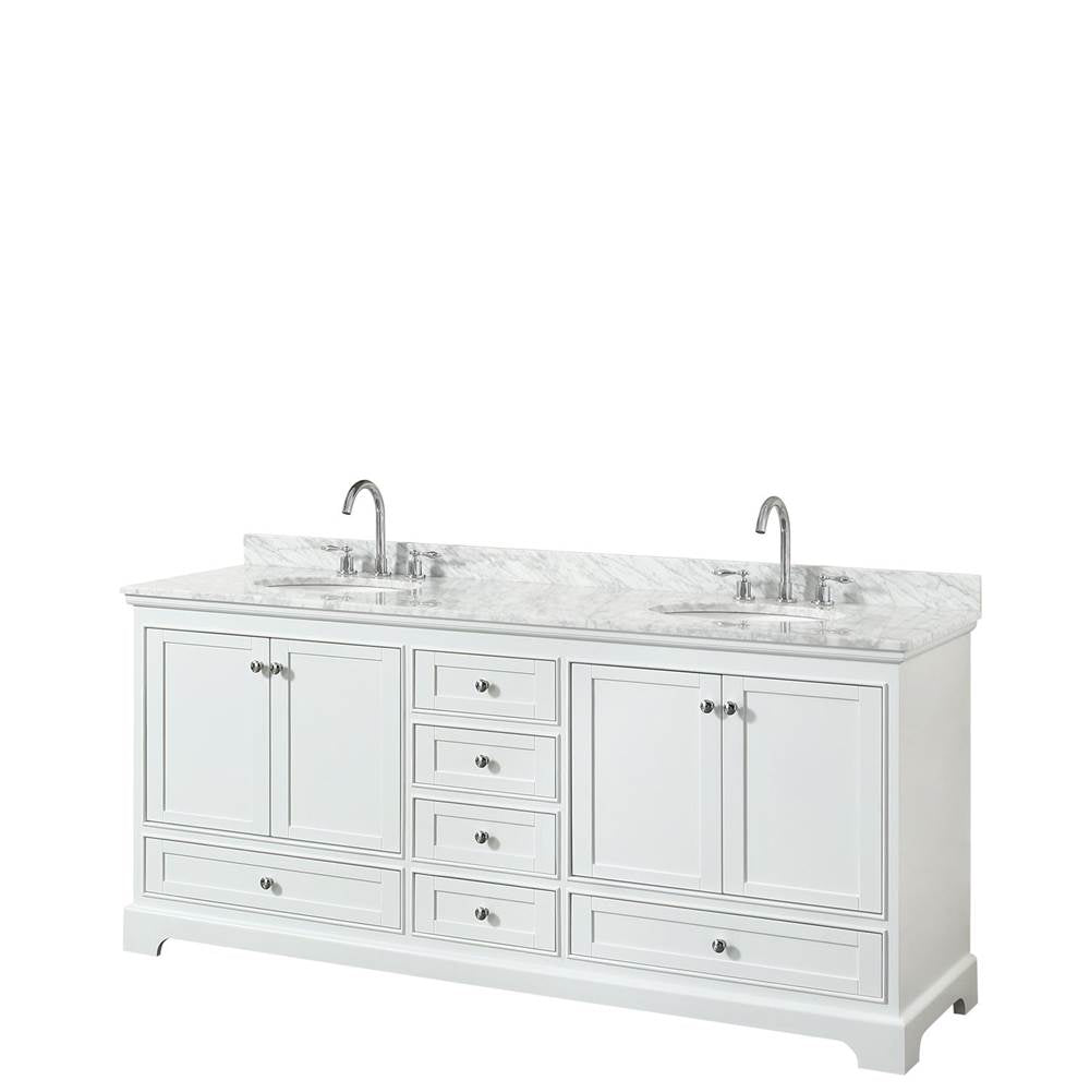 Wyndham Collection - Deborah 80 Inch Double Bathroom Vanity in White, White Carrara Marble Countertop, Undermount Oval Sinks, and No Mirrors - White