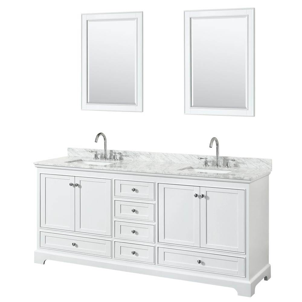 Wyndham Collection - Deborah 80 Inch Double Bathroom Vanity in White, White Carrara Marble Countertop, Undermount Square Sinks, and 24 Inch Mirrors - White