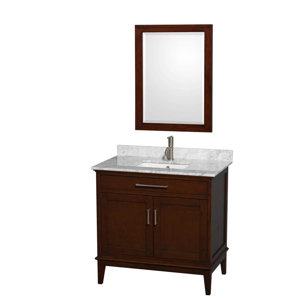 Wyndham Collection - Hatton 36 Inch Single Bathroom Vanity in Dark Chestnut, White Carrara Marble Countertop, Undermount Square Sink, and 24 Inch Mirror - Dark Chestnut