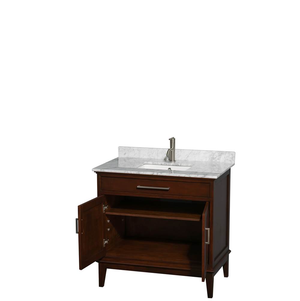 Hatton 36 Inch Single Bathroom Vanity in Dark Chestnut, White Carrara Marble Countertop, Undermount Square Sink, and No Mirror