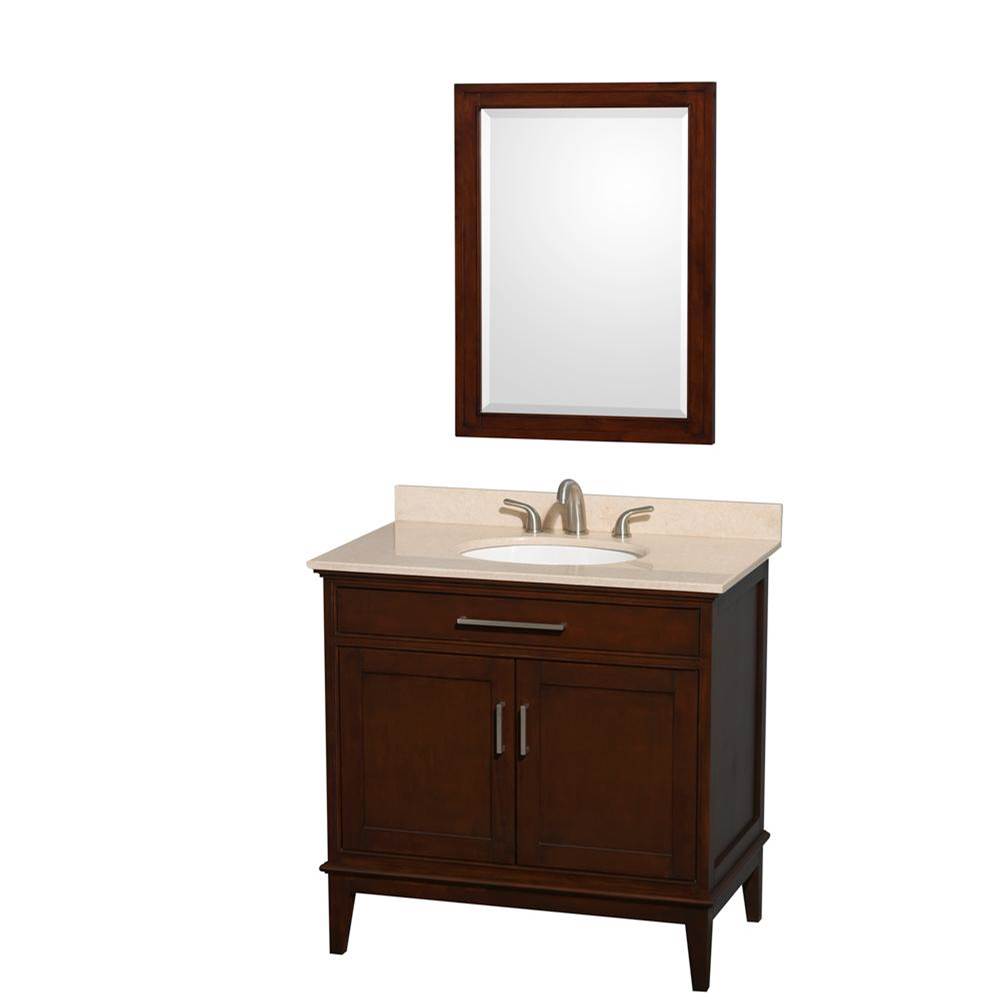 Wyndham Collection - Hatton 36 Inch Single Bathroom Vanity in Dark Chestnut, Ivory Marble Countertop, Undermount Oval Sink, and 24 Inch Mirror - Dark Chestnut
