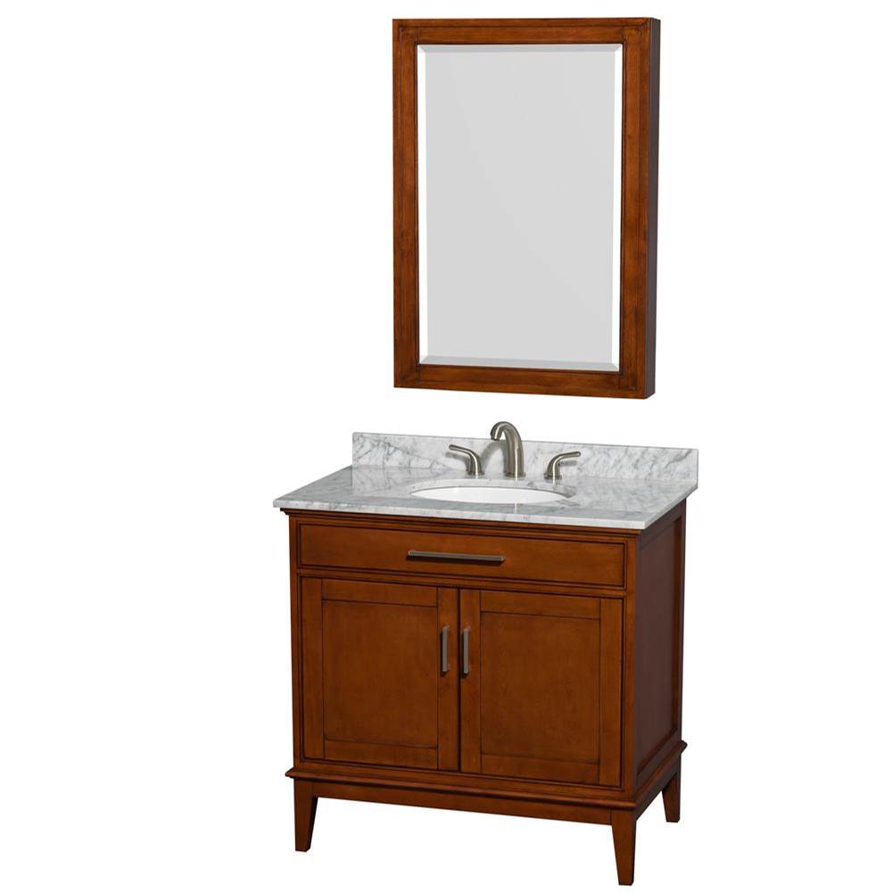 Wyndham Collection - Hatton 36 Inch Single Bathroom Vanity in Light Chestnut, White Carrara Marble Countertop, Undermount Oval Sink, and Medicine Cabinet - Light Chestnut
