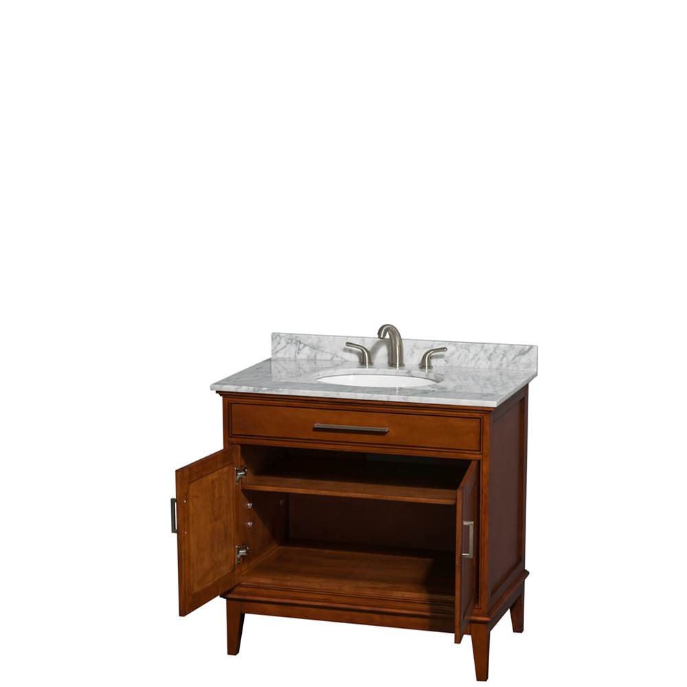 Hatton 36 Inch Single Bathroom Vanity in Dark Chestnut, White Carrara Marble Countertop, Undermount Oval Sink, and No Mirror