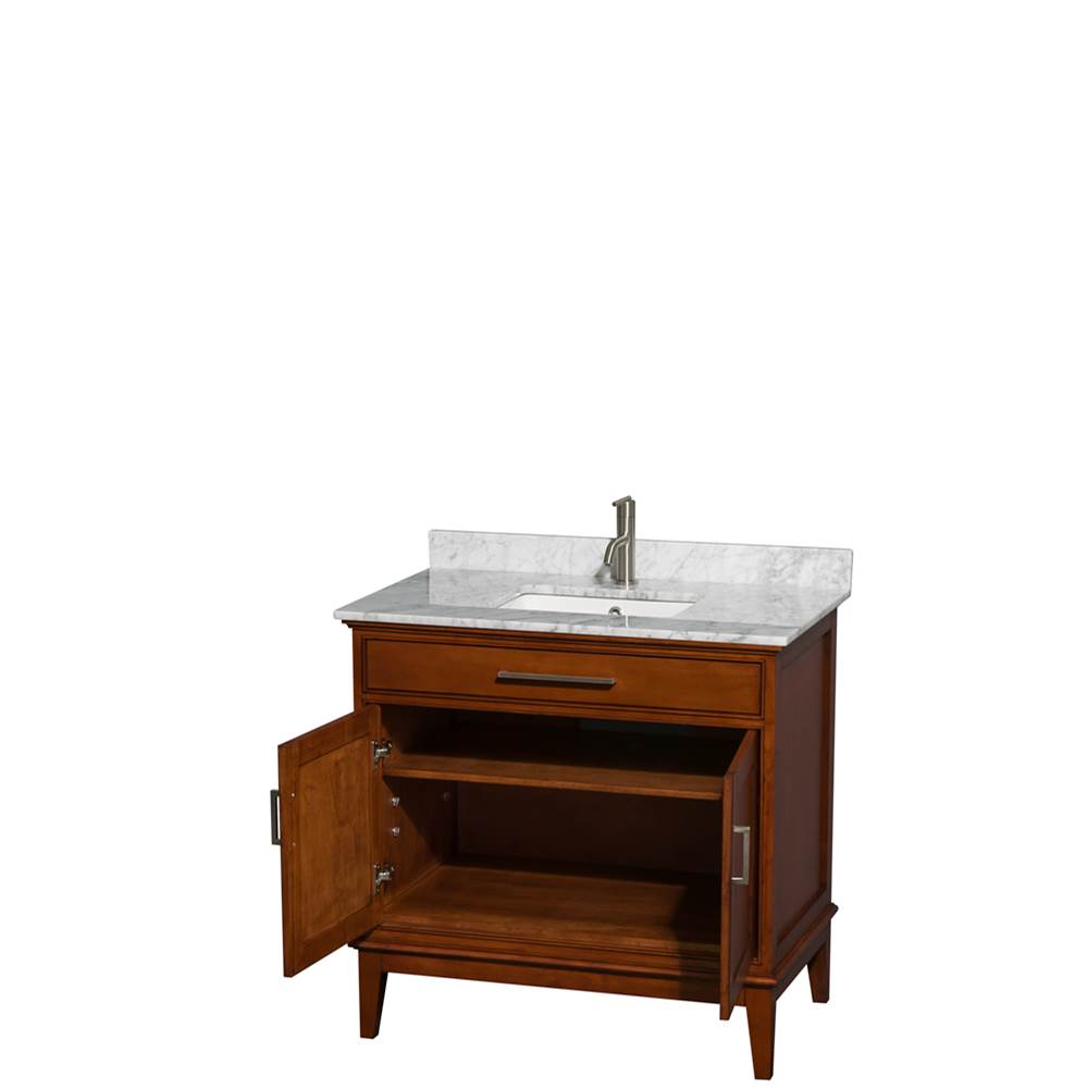 Hatton 36 Inch Single Bathroom Vanity in Dark Chestnut, White Carrara Marble Countertop, Undermount Square Sink, and No Mirror