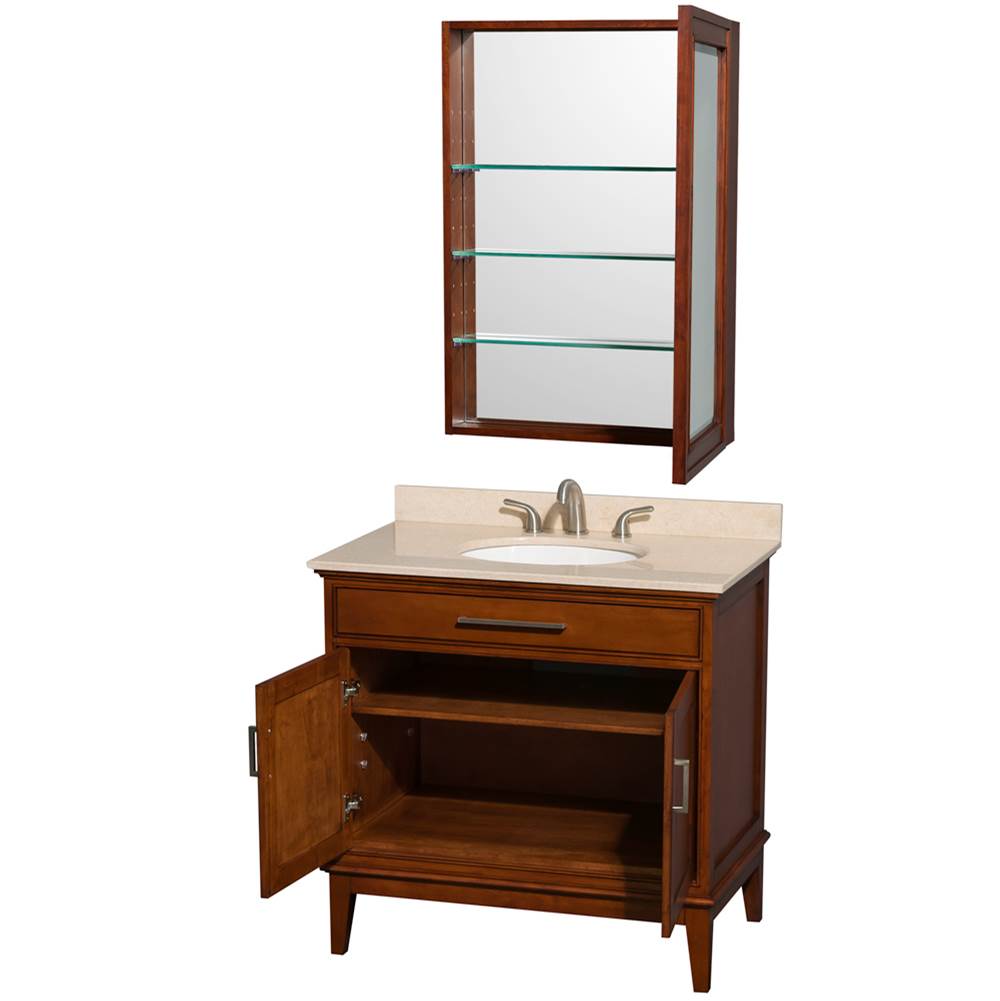 Hatton 36 Inch Single Bathroom Vanity in Dark Chestnut, Ivory Marble Countertop, Undermount Oval Sink, and Medicine Cabinet