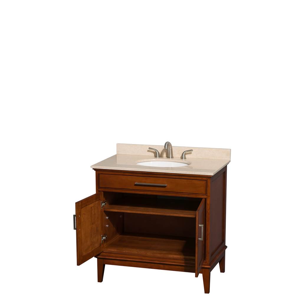 Hatton 36 Inch Single Bathroom Vanity in Dark Chestnut, Ivory Marble Countertop, Undermount Oval Sink, and No Mirror