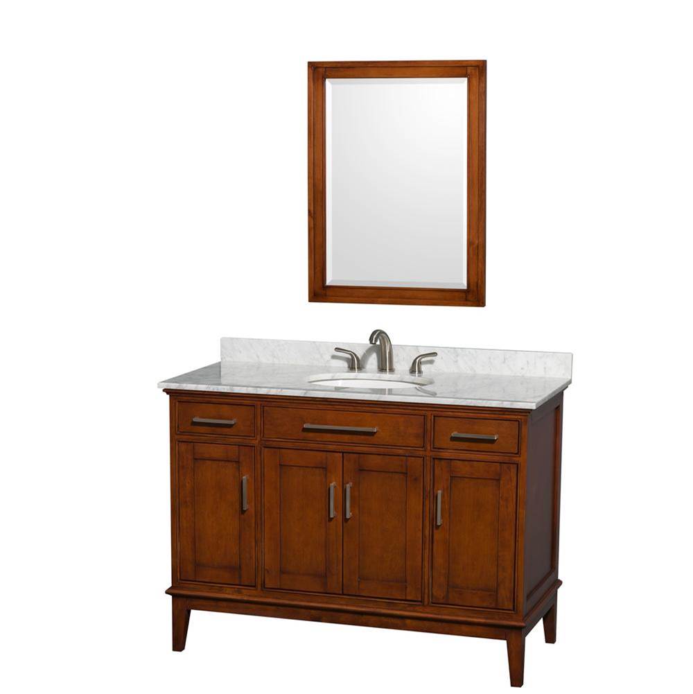 Wyndham Collection - Hatton 48 Inch Single Bathroom Vanity in Light Chestnut, White Carrara Marble Countertop, Undermount Oval Sink, and 24 Inch Mirror - Light Chestnut