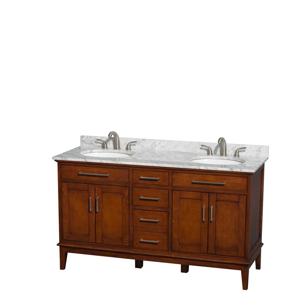 Wyndham Collection - Hatton 60 Inch Double Bathroom Vanity in Light Chestnut, White Carrara Marble Countertop, Undermount Oval Sinks, and No Mirror - Light Chestnut