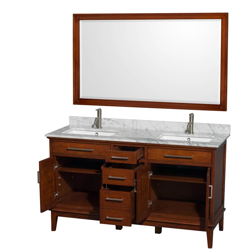 Hatton 60 Inch Double Bathroom Vanity in Dark Chestnut, White Carrara Marble Countertop, Undermount Square Sinks, and 56 Inch Mirror