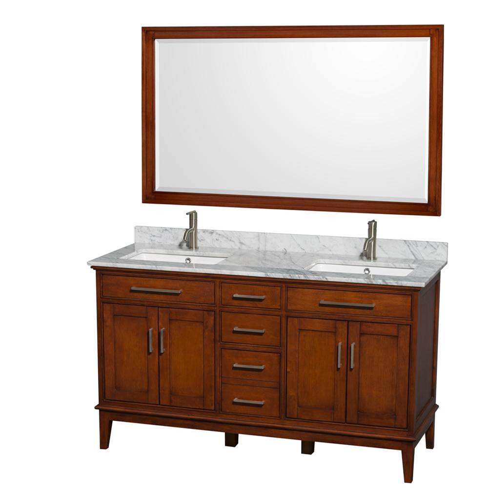 Wyndham Collection - Hatton 60 Inch Double Bathroom Vanity in Light Chestnut, White Carrara Marble Countertop, Undermount Square Sinks, and 56 Inch Mirror - Light Chestnut