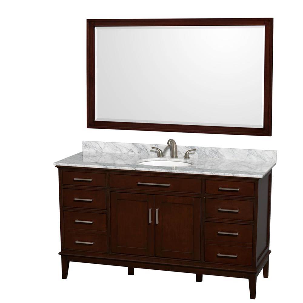 Wyndham Collection - Hatton 60 Inch Single Bathroom Vanity in Dark Chestnut, White Carrara Marble Countertop, Undermount Oval Sink, and 56 Inch Mirror - Dark Chestnut