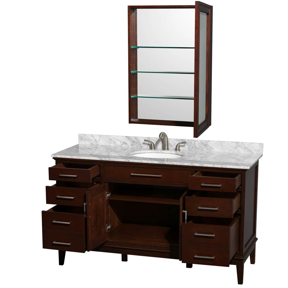 Hatton 60 Inch Single Bathroom Vanity in Dark Chestnut, White Carrara Marble Countertop, Undermount Oval Sink, and Medicine Cabinet
