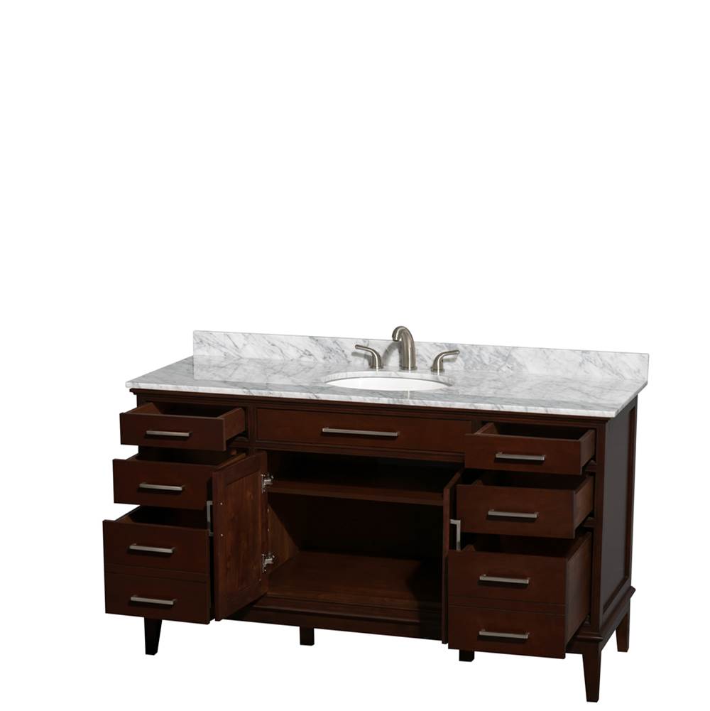Hatton 60 Inch Single Bathroom Vanity in Dark Chestnut, White Carrara Marble Countertop, Undermount Oval Sink, and No Mirror
