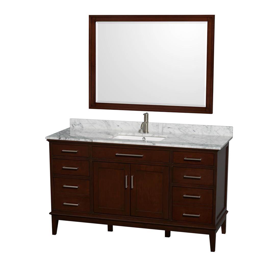 Wyndham Collection - Hatton 60 Inch Single Bathroom Vanity in Dark Chestnut, White Carrara Marble Countertop, Undermount Square Sink, and 44 Inch Mirror - Dark Chestnut