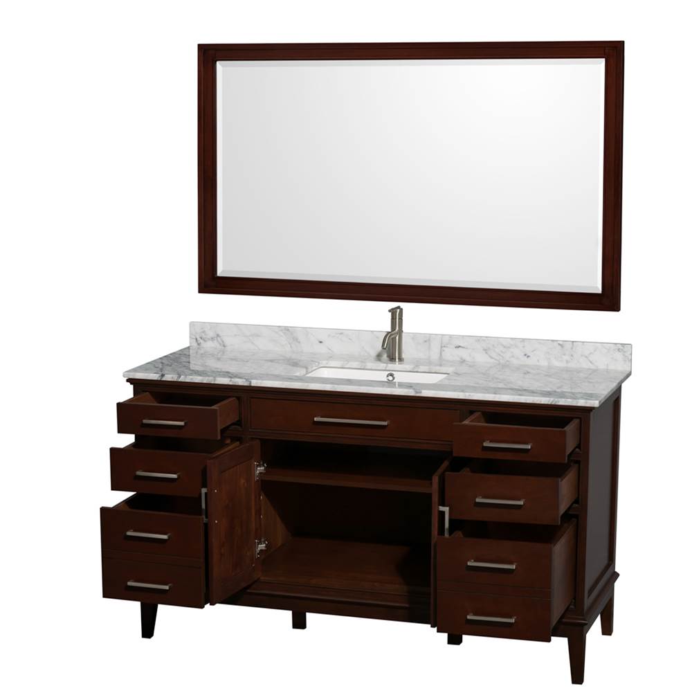 Hatton 60 Inch Single Bathroom Vanity in Dark Chestnut, White Carrara Marble Countertop, Undermount Square Sink, and 56 Inch Mirror
