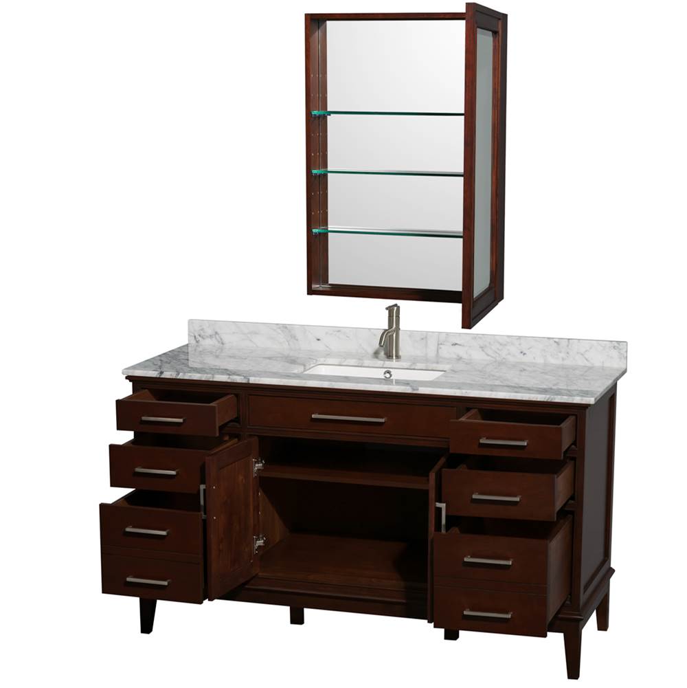 Hatton 60 Inch Single Bathroom Vanity in Dark Chestnut, White Carrara Marble Countertop, Undermount Square Sink, and Medicine Cabinet