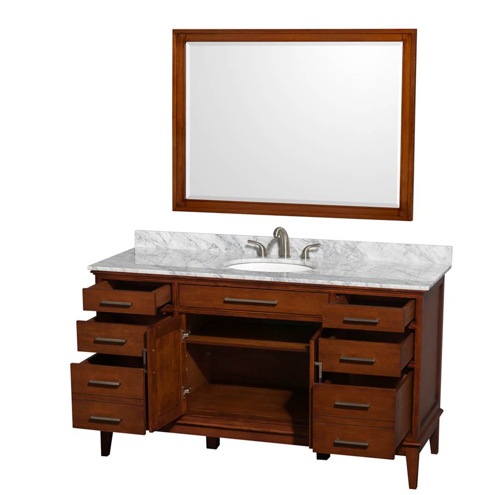 Hatton 60 Inch Single Bathroom Vanity in Dark Chestnut, White Carrara Marble Countertop, Undermount Oval Sink, and 44 Inch Mirror