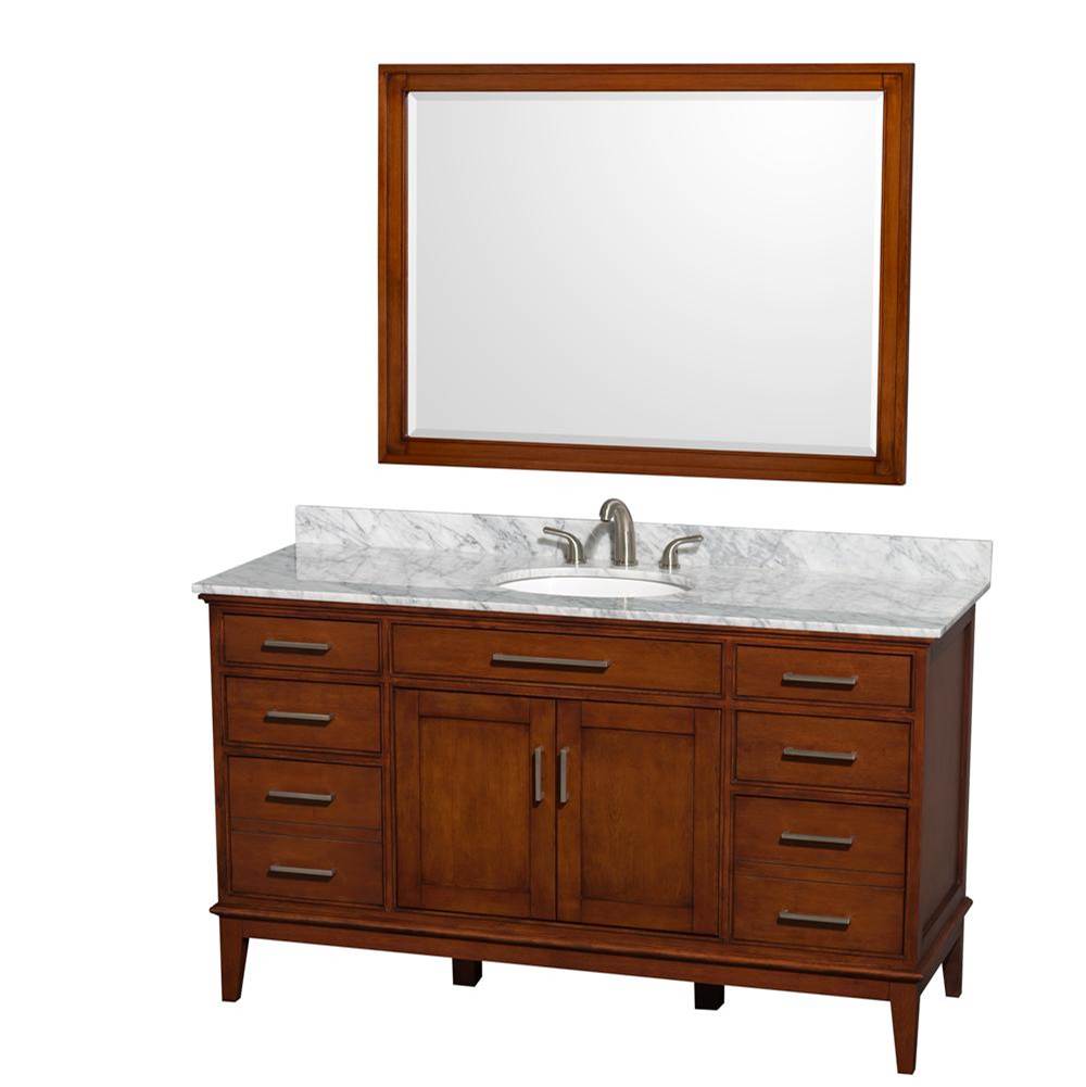Wyndham Collection - Hatton 60 Inch Single Bathroom Vanity in Light Chestnut, White Carrara Marble Countertop, Undermount Oval Sink, and 44 Inch Mirror - Light Chestnut