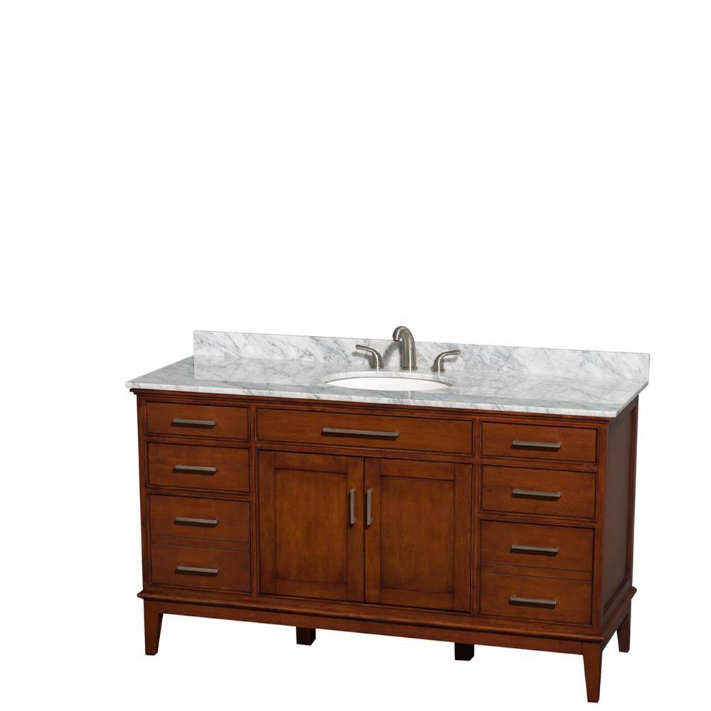 Wyndham Collection - Hatton 60 Inch Single Bathroom Vanity in Light Chestnut, White Carrara Marble Countertop, Undermount Oval Sink, and No Mirror - Light Chestnut
