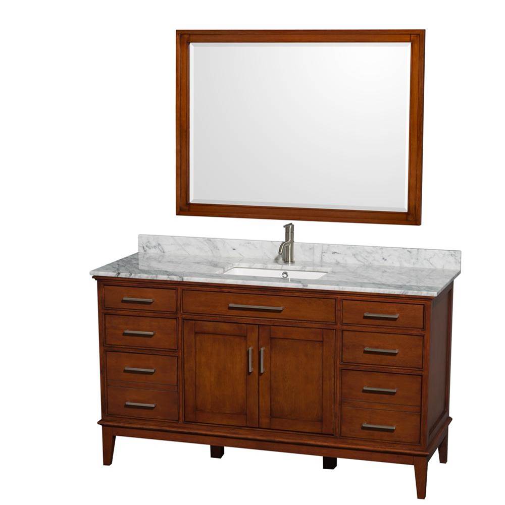 Wyndham Collection - Hatton 60 Inch Single Bathroom Vanity in Light Chestnut, White Carrara Marble Countertop, Undermount Square Sink, and 44 Inch Mirror - Light Chestnut