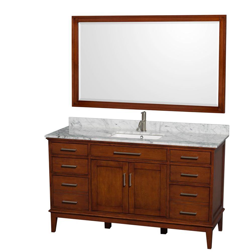 Wyndham Collection - Hatton 60 Inch Single Bathroom Vanity in Light Chestnut, White Carrara Marble Countertop, Undermount Square Sink, and 56 Inch Mirror - Light Chestnut