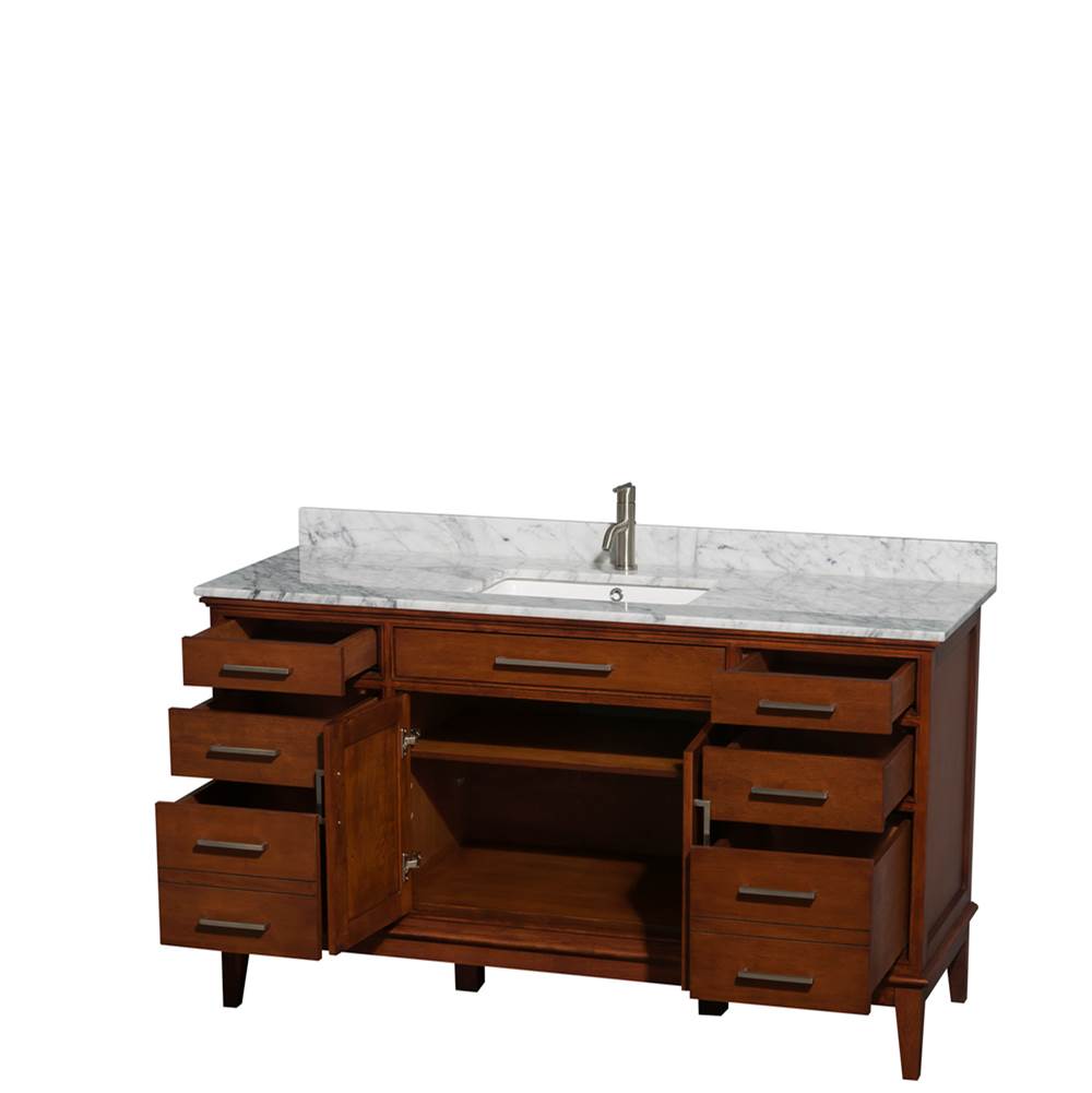 Hatton 60 Inch Single Bathroom Vanity in Dark Chestnut, White Carrara Marble Countertop, Undermount Square Sink, and No Mirror