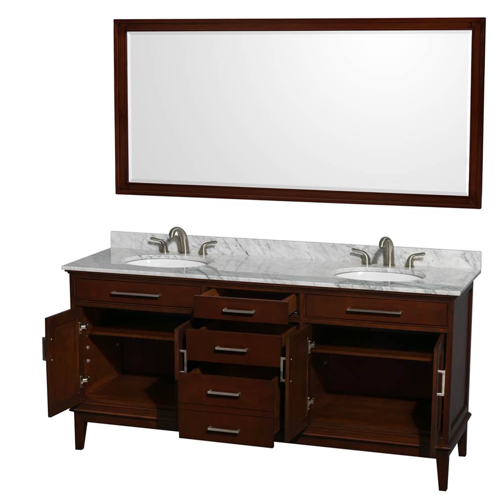 Hatton 72 Inch Double Bathroom Vanity in Dark Chestnut, White Carrara Marble Countertop, Undermount Oval Sinks, and 70 Inch Mirror