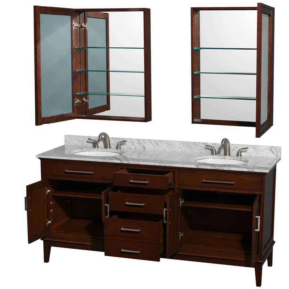 Hatton 72 Inch Double Bathroom Vanity in Dark Chestnut, White Carrara Marble Countertop, Undermount Oval Sinks, and Medicine Cabinets
