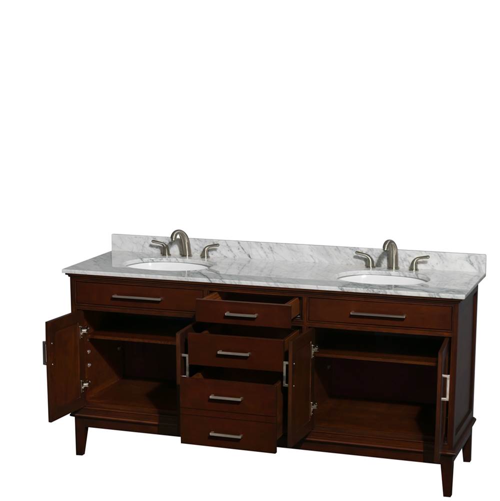 Hatton 72 Inch Double Bathroom Vanity in Dark Chestnut, White Carrara Marble Countertop, Undermount Oval Sinks, and No Mirror