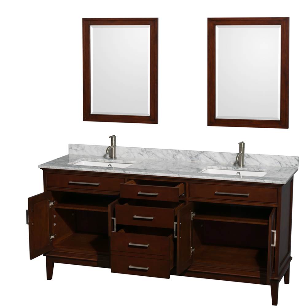 Hatton 72 Inch Double Bathroom Vanity in Dark Chestnut, White Carrara Marble Countertop, Undermount Square Sinks, and 24 Inch Mirrors