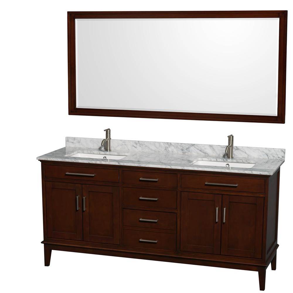 Wyndham Collection - Hatton 72 Inch Double Bathroom Vanity in Dark Chestnut, White Carrara Marble Countertop, Undermount Square Sinks, and 70 Inch Mirror - Dark Chestnut