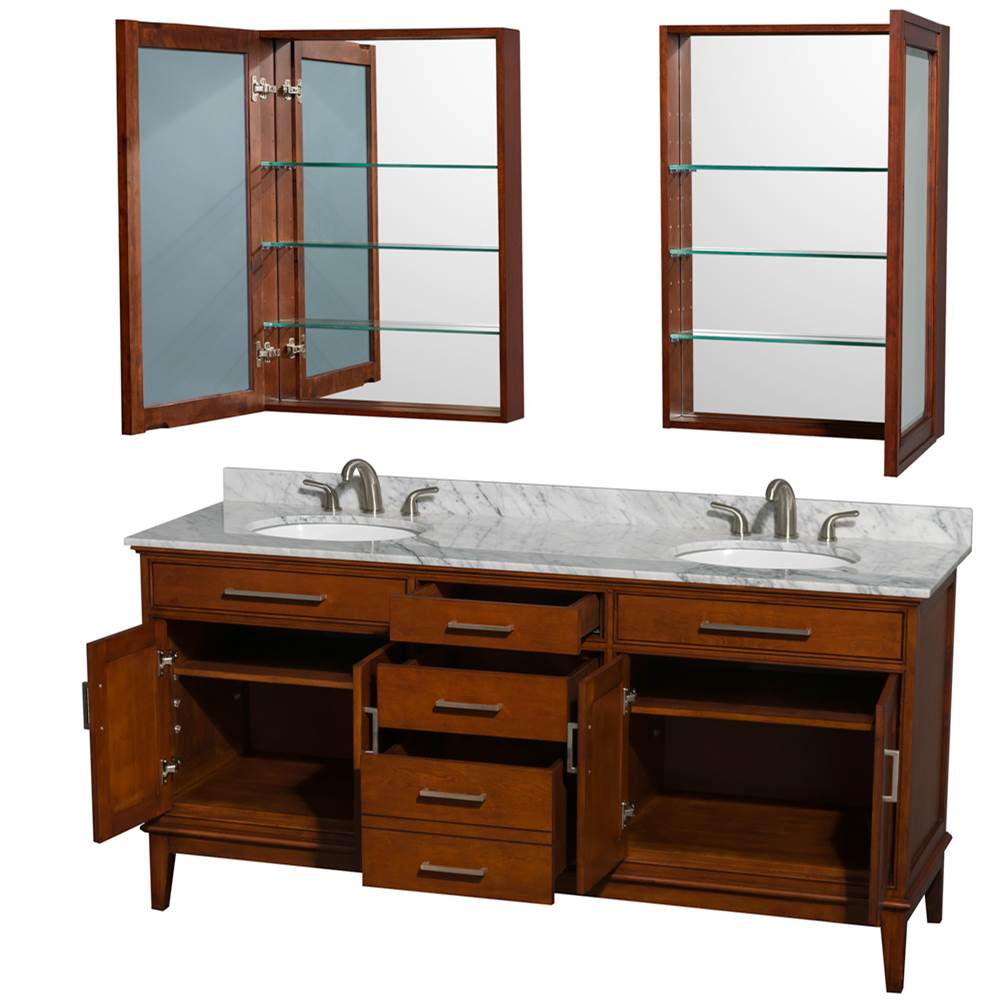 Hatton 72 Inch Double Bathroom Vanity in Dark Chestnut, White Carrara Marble Countertop, Undermount Oval Sinks, and Medicine Cabinets
