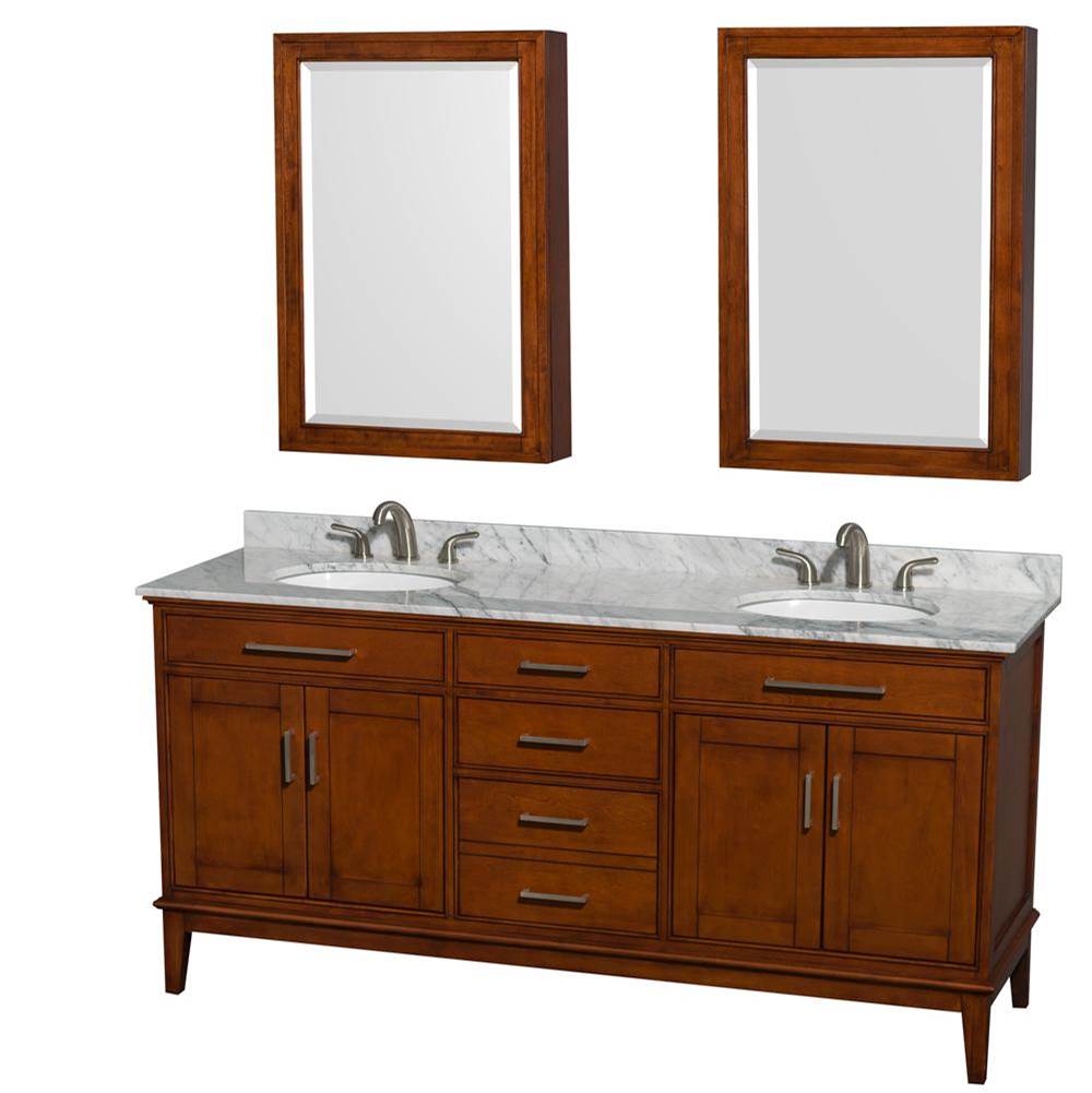 Wyndham Collection - Hatton 72 Inch Double Bathroom Vanity in Light Chestnut, White Carrara Marble Countertop, Undermount Oval Sinks, and Medicine Cabinets - Light Chestnut