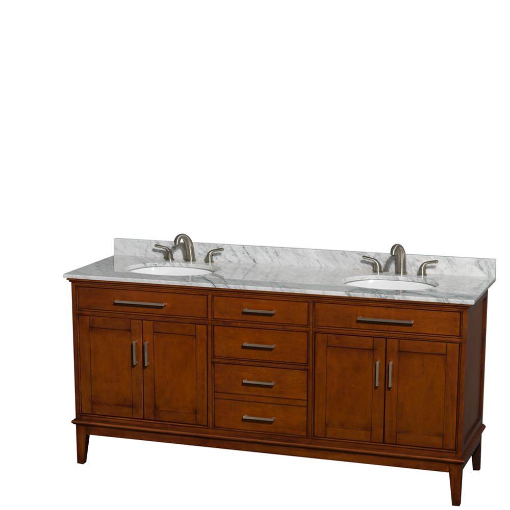Wyndham Collection - Hatton 72 Inch Double Bathroom Vanity in Light Chestnut, White Carrara Marble Countertop, Undermount Oval Sinks, and No Mirror - Light Chestnut
