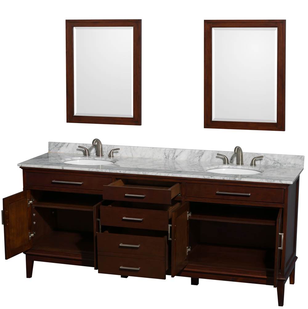 Hatton 80 Inch Double Bathroom Vanity in Dark Chestnut, White Carrara Marble Countertop, Undermount Oval Sinks, and 24 Inch Mirrors