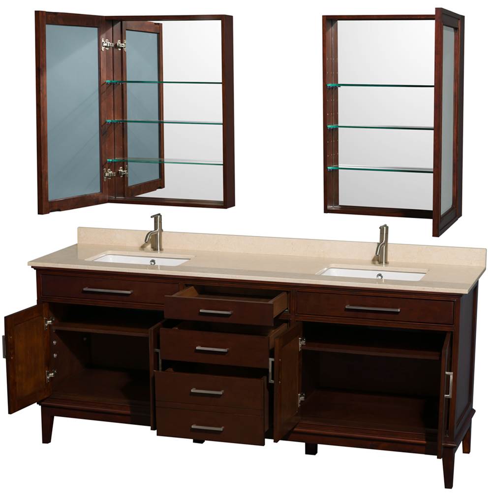 Hatton 80 Inch Double Bathroom Vanity in Dark Chestnut, Ivory Marble Countertop, Undermount Square Sinks, and Medicine Cabinets