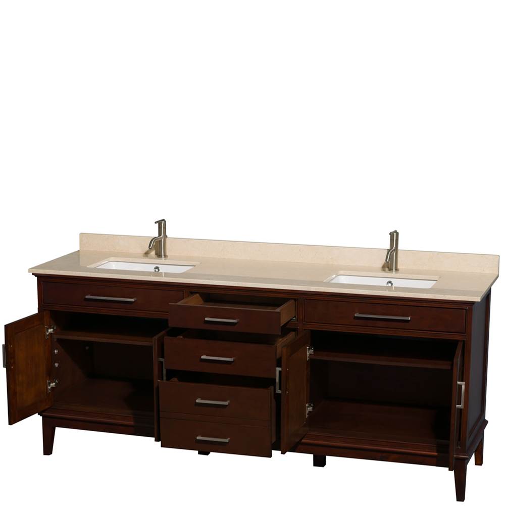 Hatton 80 Inch Double Bathroom Vanity in Dark Chestnut, Ivory Marble Countertop, Undermount Square Sinks, and No Mirror