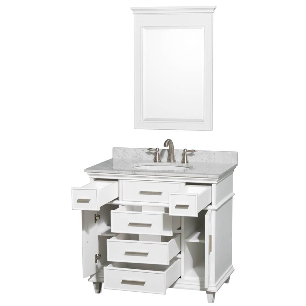 Berkeley 36 Inch Single Bathroom Vanity in Dark Chestnut with White Carrara Marble Top with White Undermount Oval Sink and 24 Inch Mirror