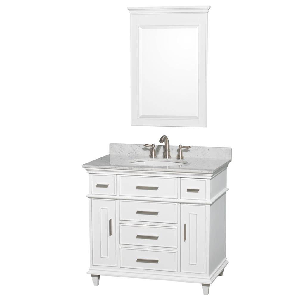 Wyndham Collection - Berkeley 36 Inch Single Bathroom Vanity in White with White Carrara Marble Top with White Undermount Oval Sink and 24 Inch Mirror - White