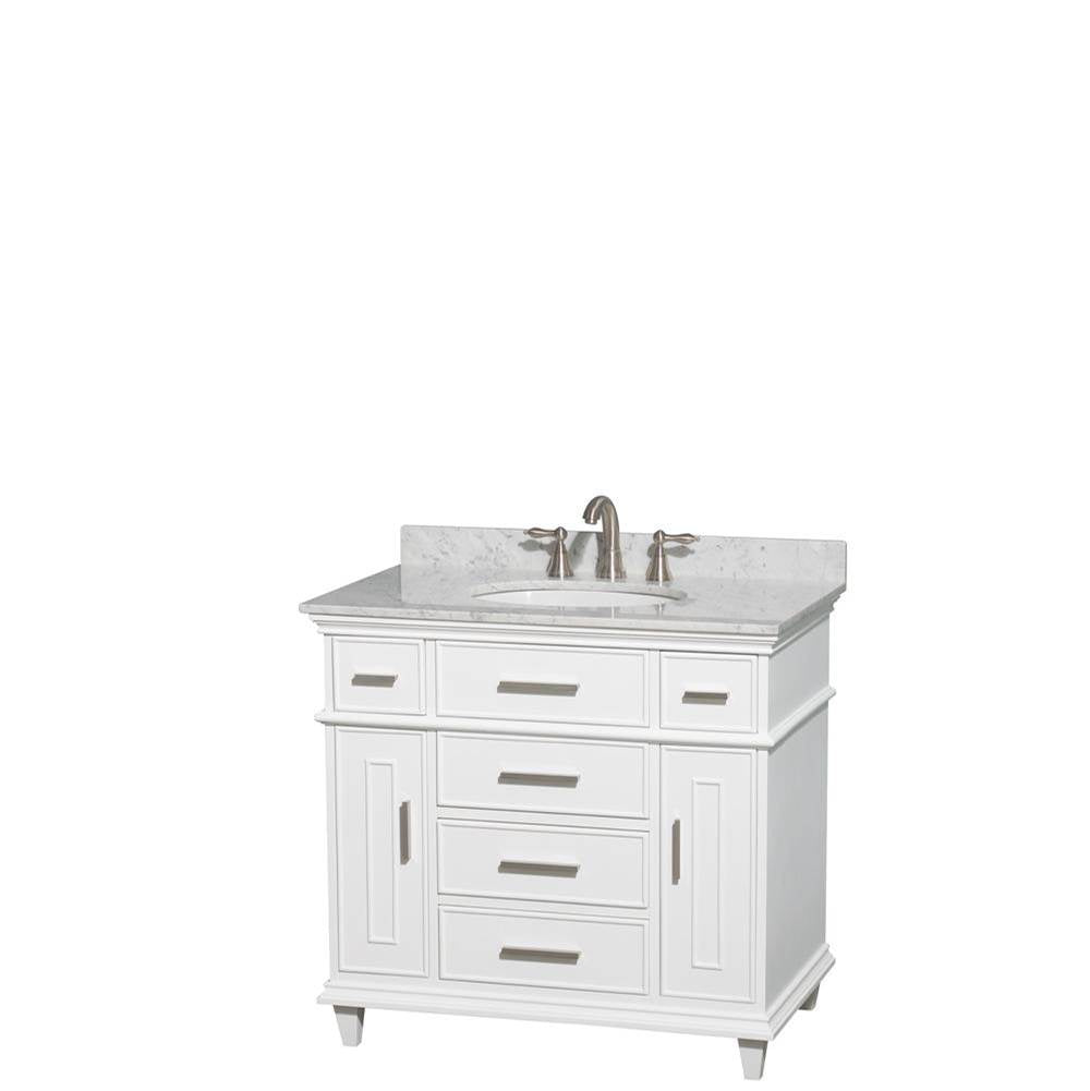Wyndham Collection - Berkeley 36 Inch Single Bathroom Vanity in White with White Carrara Marble Top with White Undermount Oval Sink and No Mirror - White