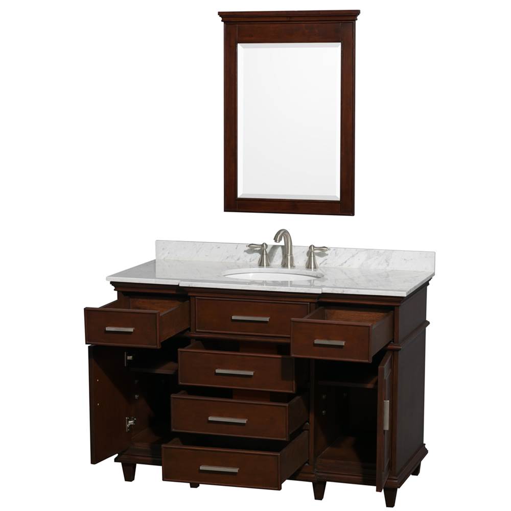 Berkeley 48 Inch Single Bathroom Vanity in Dark Chestnut with White Carrara Marble Top with White Undermount Oval Sink and 24 Inch Mirror