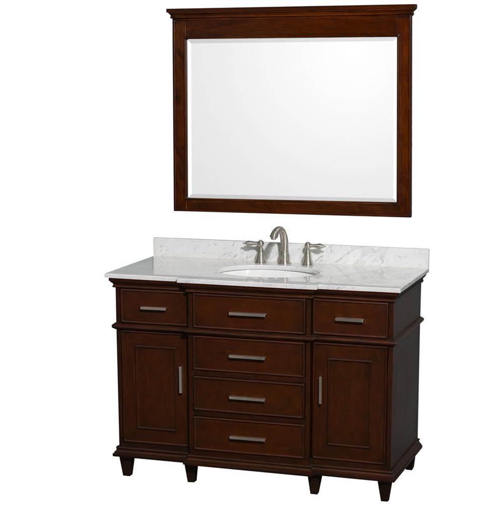 Wyndham Collection - Berkeley 48 Inch Single Bathroom Vanity in Dark Chestnut with White Carrara Marble Top with White Undermount Oval Sink and 44 Inch Mirror - Dark Chestnut