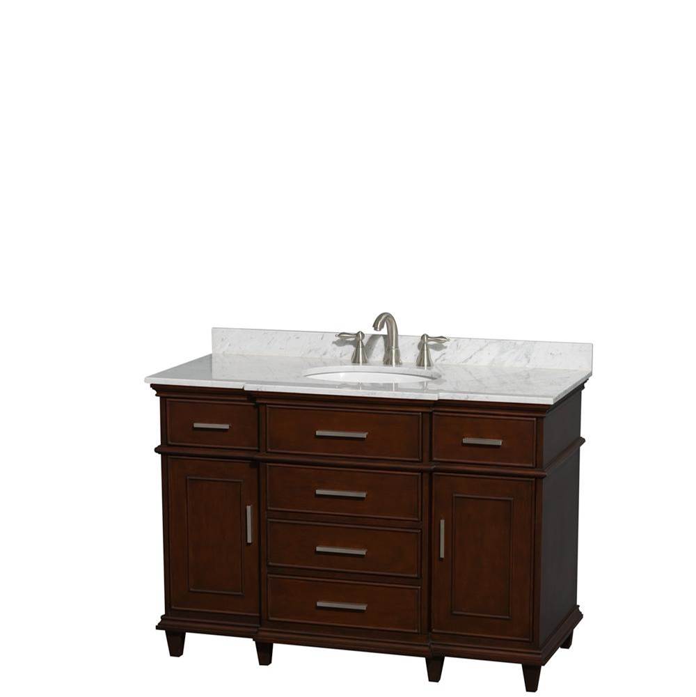 Wyndham Collection - Berkeley 48 Inch Single Bathroom Vanity in Dark Chestnut with White Carrara Marble Top with White Undermount Oval Sink and No Mirror - Dark Chestnut