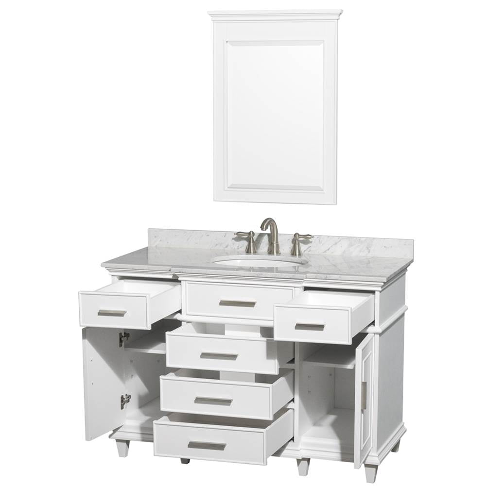 Berkeley 48 Inch Single Bathroom Vanity in Dark Chestnut with White Carrara Marble Top with White Undermount Oval Sink and 24 Inch Mirror