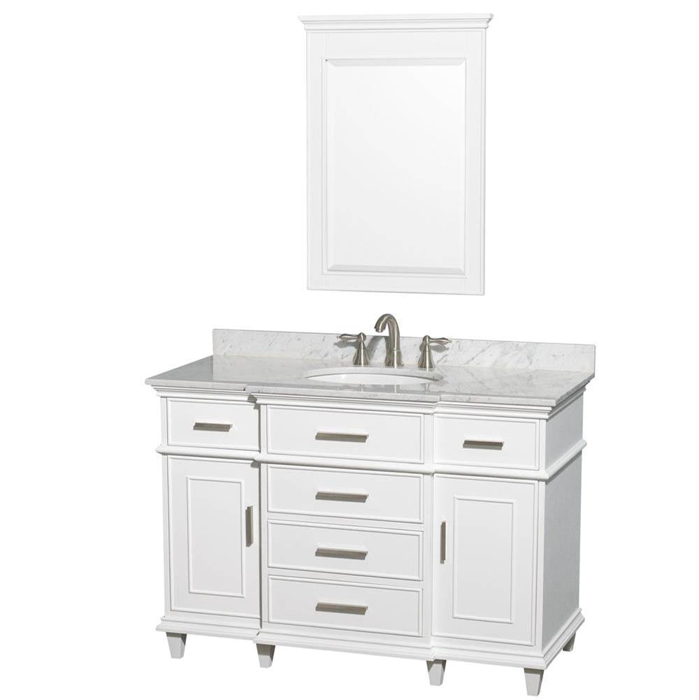 Wyndham Collection - Berkeley 48 Inch Single Bathroom Vanity in White with White Carrara Marble Top with White Undermount Oval Sink and 24 Inch Mirror - White