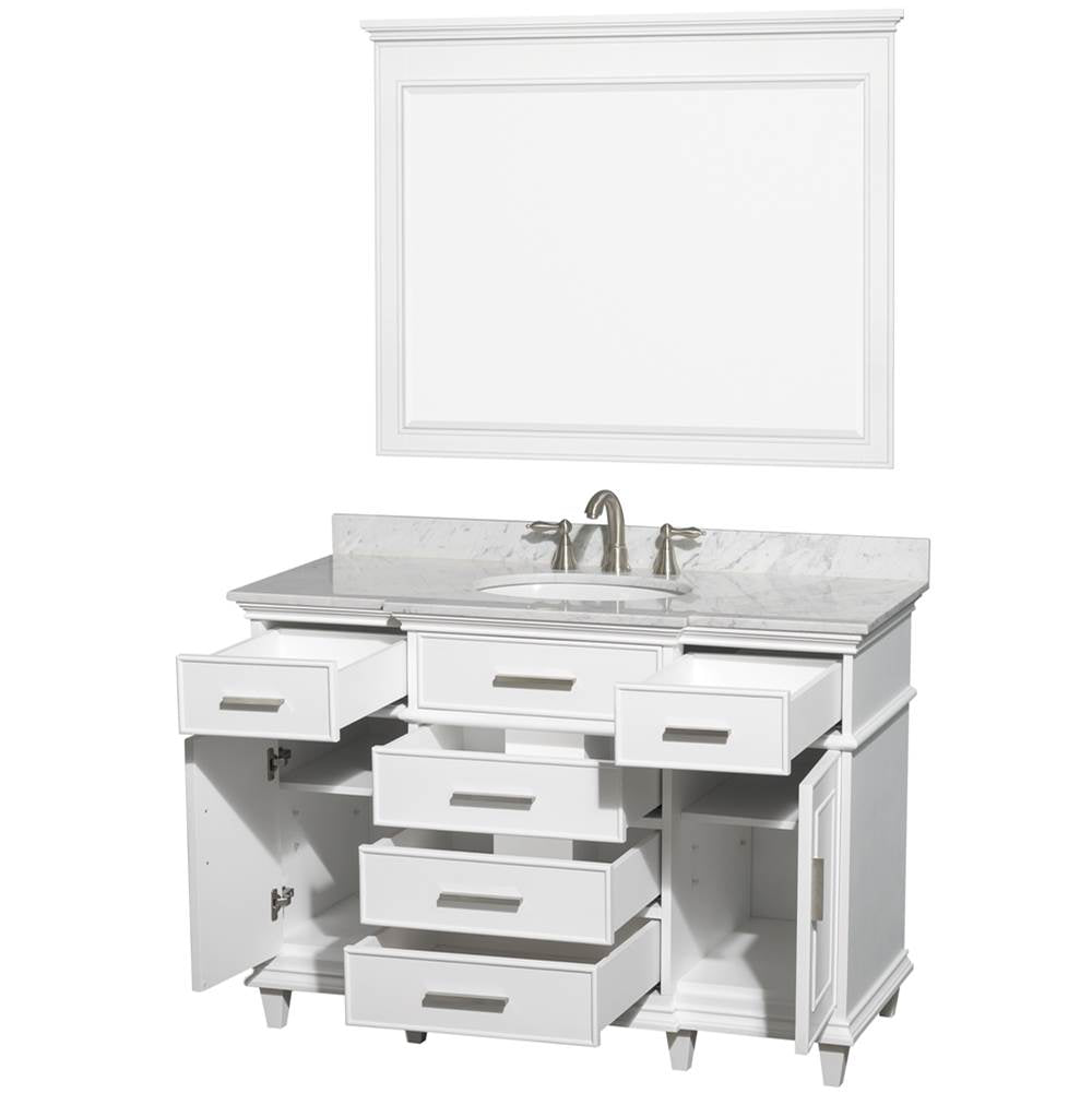 Berkeley 48 Inch Single Bathroom Vanity in Dark Chestnut with White Carrara Marble Top with White Undermount Oval Sink and 44 Inch Mirror